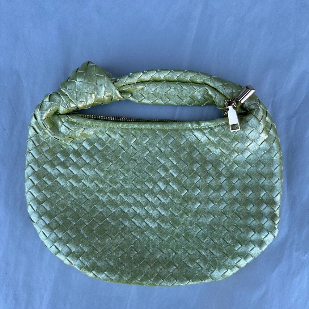 Melie Bianco Woven Satin Shoulder Bag in Sage Green with Knotted Handle